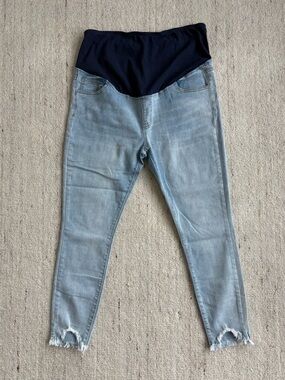 Maternity Jeans - Light Wash Over Belly Skinny Raw Hem Distressed Ankle XL